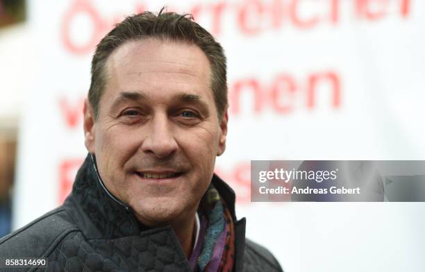 Heinz-Christian Strache of the right-wing Austria Freedom Party talks to supporters after speaking at an election campaign rally on October 6, 2017...