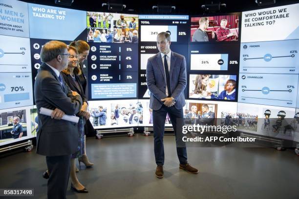 Britain's Prince William, Duke of Cambridge listens at a briefing on the progress of the 'Heads Together' campaign and its partners during a visit to...