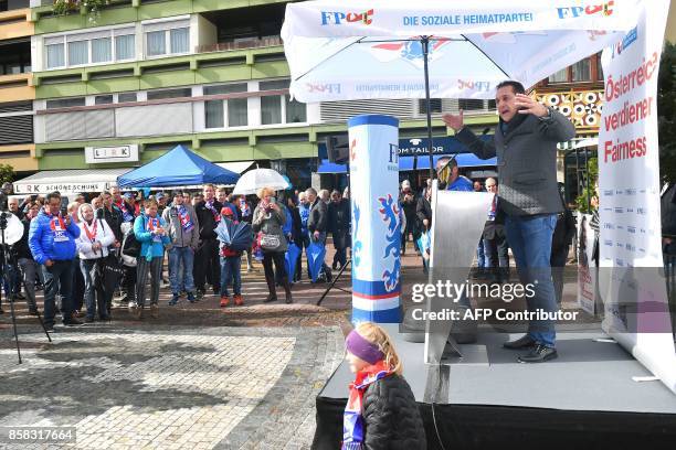 Heinz-Christian Strach, the chairman of the far-right Freedom Party of Austria , speaks during a campaign meeting on October 6, 2017 in Saalfelden...