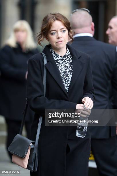 Actress Georgia Taylor departs the funeral of actress Liz Dawson at Salford Cathedral on October 6, 2017 in Salford, England. Actress Liz Dawn who...