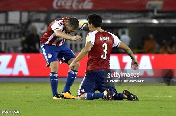 Robert Piris and Gustavo Gomez of Paraguay, celebrate after winning a match between Colombia and Paraguay as part of FIFA 2018 World Cup Qualifiers...