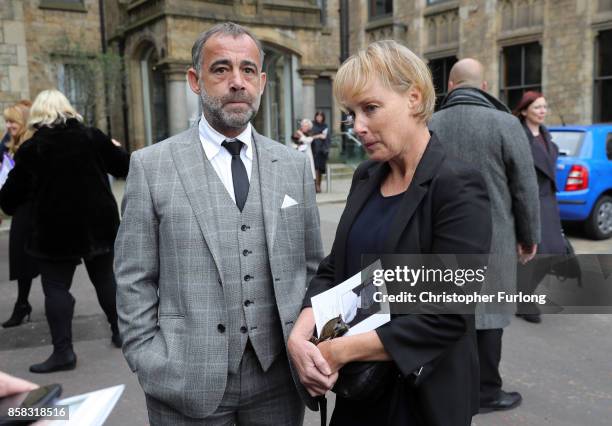 Sally Dynevor and Michael Le Vell depart the funeral of actress Liz Dawson at Salford Cathedral on October 6, 2017 in Salford, England. Actress Liz...