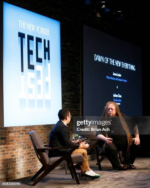 New Yorker staff writer Adrian Chen and Computer Scientist Jaron Lanier speak onstage during the 2017 New Yorker TechFest at Cedar Lake on October 6,...