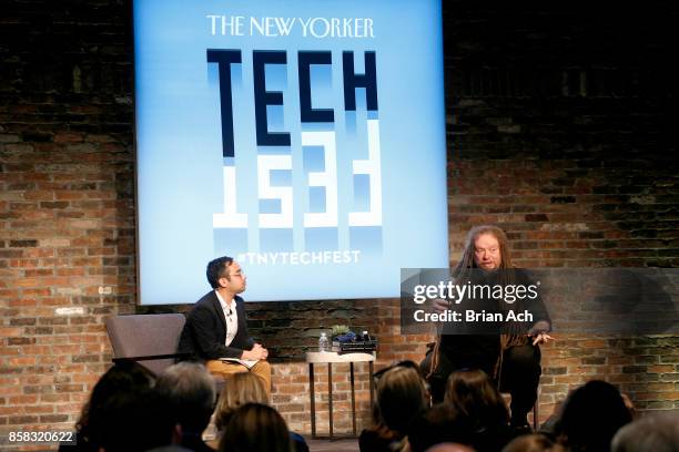 New Yorker staff writer Adrian Chen and Computer Scientist Jaron Lanier speak onstage during the 2017 New Yorker TechFest at Cedar Lake on October 6,...