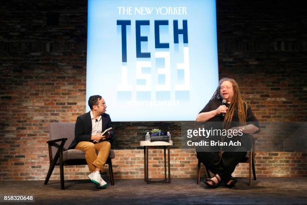 New Yorker staff writer Adrian Chen and Computer Scientist Jaron Lanier speak onstage during the 2017 New Yorker TechFest at Cedar Lake on October 6,...
