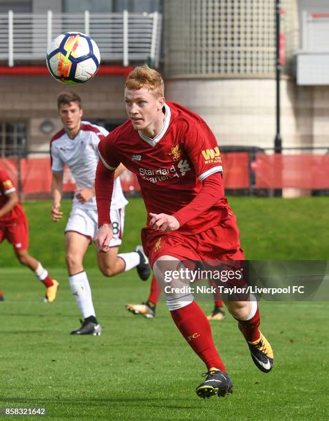 Glen McAuley of Liverpool in action during the U18 friendly match between Liverpool and Burnley at The Kirkby Academy on October 6, 2017 in Kirkby,...