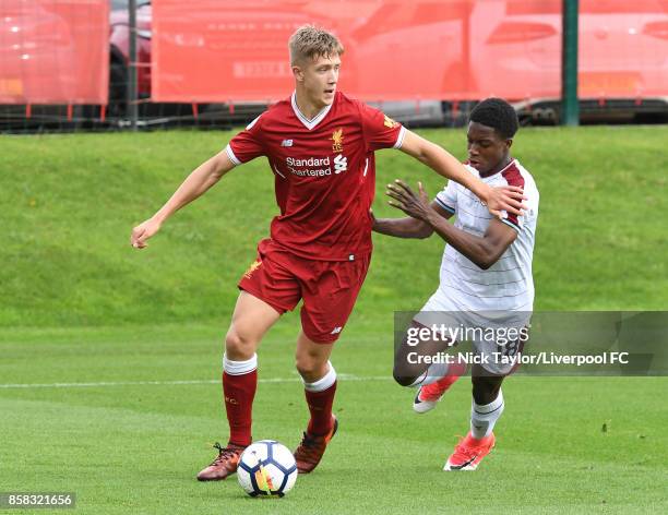 Patrik Raitanen of Liverpool in action during the U18 friendly match between Liverpool and Burnley at The Kirkby Academy on October 6, 2017 in...