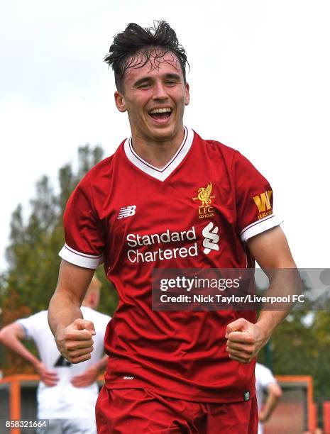 Liam Millar of Liverpool celebrates his goal during the U18 friendly match between Liverpool and Burnley at The Kirkby Academy on October 6, 2017 in...