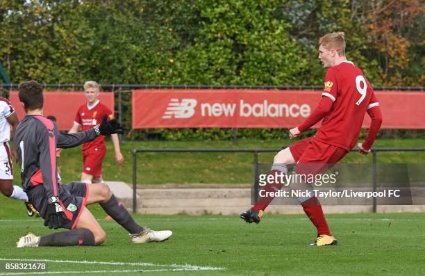 Glen McAuley of Liverpool scores the opening goal during the U18 friendly match between Liverpool and Burnley at The Kirkby Academy on October 6,...