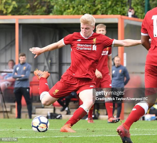 Luis Longstaff of Liverpool scores his team's fourth goal during the U18 friendly match between Liverpool and Burnley at The Kirkby Academy on...