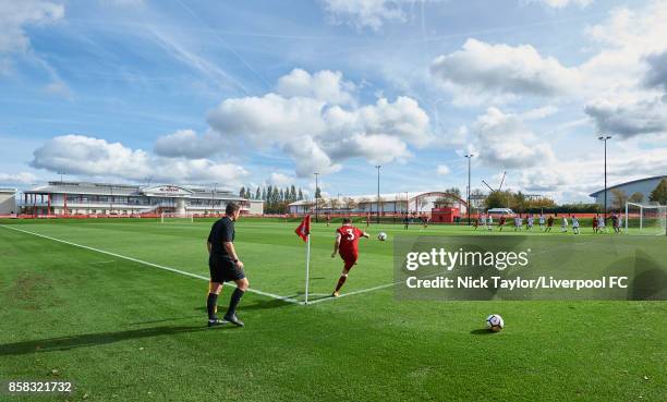 Adam Lewis of Liverpool takes a corner during the U18 friendly match between Liverpool and Burnley at The Kirkby Academy on October 6, 2017 in...