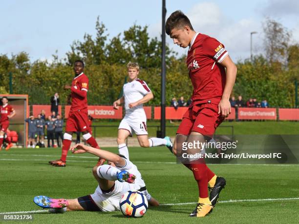 Adam Lewis of Liverpool in action during the U18 friendly match between Liverpool and Burnley at The Kirkby Academy on October 6, 2017 in Kirkby,...
