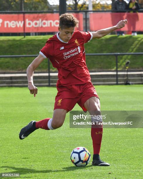 Rhys Williams of Liverpool in action during the U18 friendly match between Liverpool and Burnley at The Kirkby Academy on October 6, 2017 in Kirkby,...