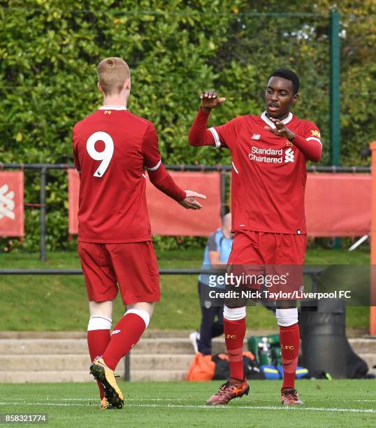 Glen McAuley of Liverpool celebrates his goal with team mate Rafael Camacho during the U18 friendly match between Liverpool and Burnley at The Kirkby...
