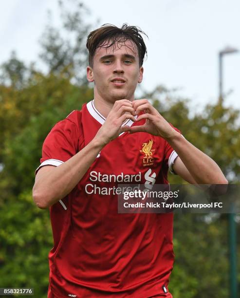 Liam Millar of Liverpool celebrates his goal during the U18 friendly match between Liverpool and Burnley at The Kirkby Academy on October 6, 2017 in...