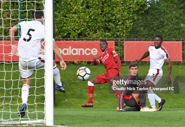 Rafael Camacho of Liverpool watches his shot cleared off the goal line by a Burnley defender during the U18 friendly match between Liverpool and...