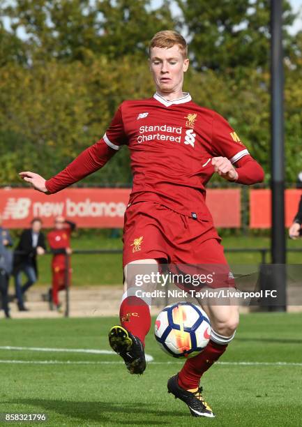 Glen McAuley of Liverpool in action during the U18 friendly match between Liverpool and Burnley at The Kirkby Academy on October 6, 2017 in Kirkby,...