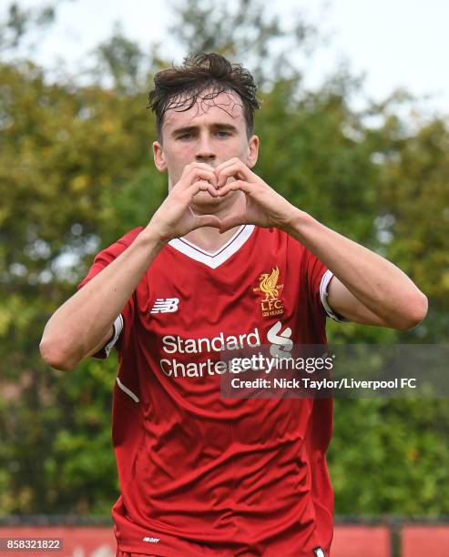Liam Millar of Liverpool celebrates his goal during the U18 friendly match between Liverpool and Burnley at The Kirkby Academy on October 6, 2017 in...