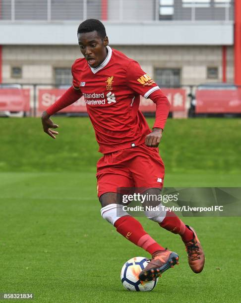 Rafael Camacho of Liverpool in action during the U18 friendly match between Liverpool and Burnley at The Kirkby Academy on October 6, 2017 in Kirkby,...