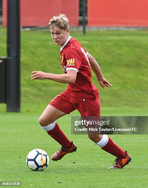 Paul Glatzel of Liverpool in action during the U18 friendly match between Liverpool and Burnley at The Kirkby Academy on October 6, 2017 in Kirkby,...