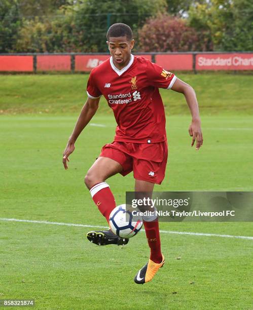 Elijah Dixon-Bonner of Liverpool in action during the U18 friendly match between Liverpool and Burnley at The Kirkby Academy on October 6, 2017 in...