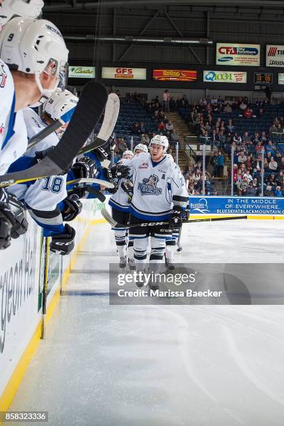 Regan Nagy of the Victoria Royals skates to the bench to celebrate a goal against the Kelowna Rockets at Prospera Place on October 4, 2017 in...