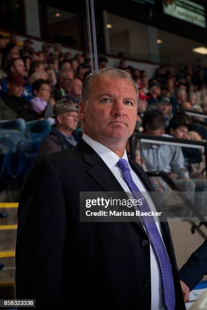 Victoria Royals' assistant coach Doug Bodger stands on the bench against the Kelowna Rockets at Prospera Place on October 4, 2017 in Kelowna, Canada.