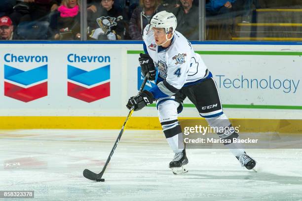 Ralph Jarratt of the Victoria Royals skates with the puck against the Kelowna Rockets at Prospera Place on October 4, 2017 in Kelowna, Canada.