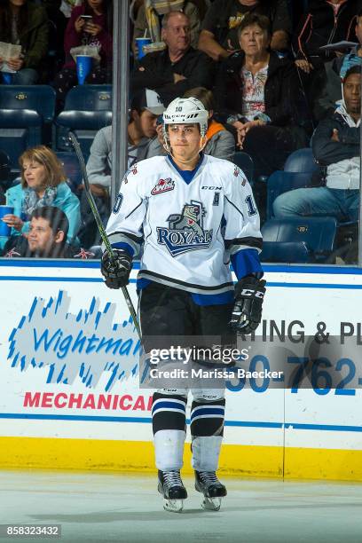 Ryan Peckford of the Victoria Royals stands on the ice to celebrate a goal against the Kelowna Rockets at Prospera Place on October 4, 2017 in...