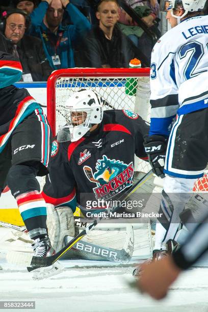 James Porter of the Kelowna Rockets defends the net against the Victoria Royals at Prospera Place on October 4, 2017 in Kelowna, Canada.