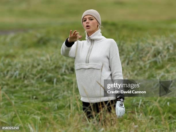 Kelly Rohrbach the American Baywatch film and television actress plays a shot on the 18th hole during the second round of the 2017 Alfred Dunhill...