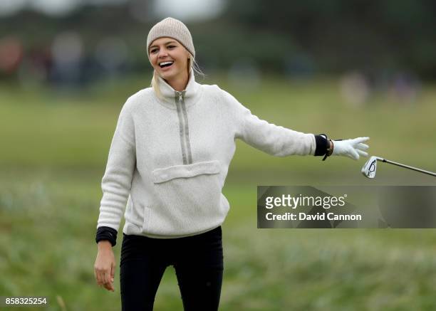 Kelly Rohrbach the American Baywatch film and television actress plays a shot on the 18th hole during the second round of the 2017 Alfred Dunhill...
