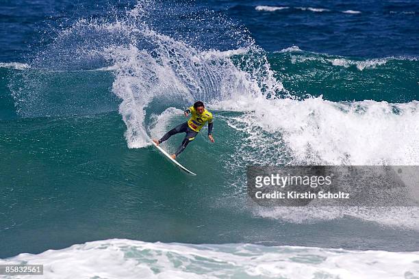 Jordy Smith of South Africa surfs to victory during his Round 1 heat at the Rip Curl Pro Bells Beach on April 7, 2009 in Bells Beach, Australia.