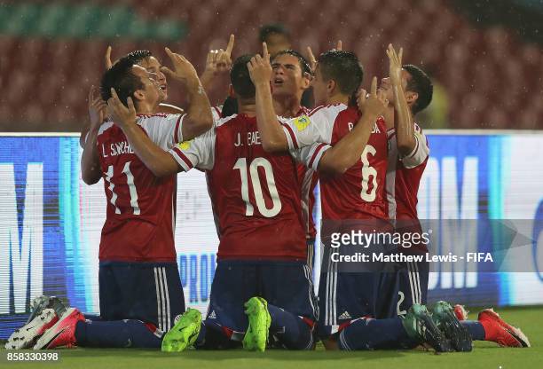 Leonardo Sanchez of Paraguay is congratulated on his goal during the FIFA U-17 World Cup India 2017 group B match between Paraguay and Mali at Dr DY...