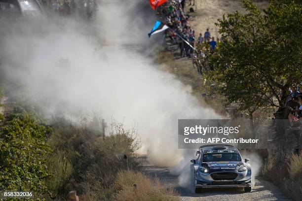 Estonian driver and co-driver, Ott Tanak and Martin Jarveoja drive their M-Sport WRT Ford Fiesta WRC during the 53rd 'Rally de Catalunya' in Vilalba...