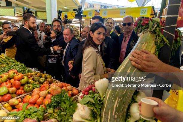 The Mayor of Rome Virginia Raggi inaugurates the Farmer's Market of San Teodoro at Circus Maximus on October 6, 2017 in Rome, Italy.