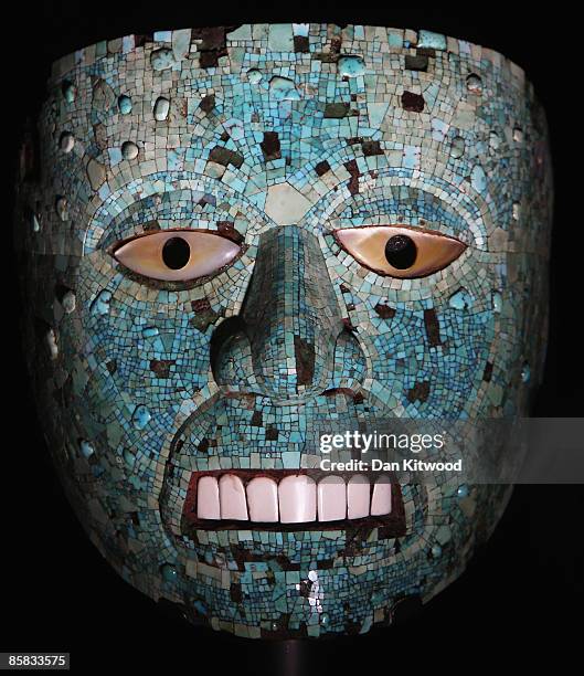 Rare turquoise mosaic mask is displayed at The Britrish Museum on April 7, 2009 in London, England. The Aztec mask, originally from Mexico will be...