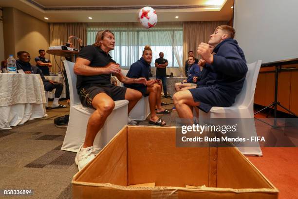 Legend Michel Salgado jokes with players of England during a FIFA Ethics Workshop ahead of the FIFA U-17 World Cup India 2017 tournament at Novotel...