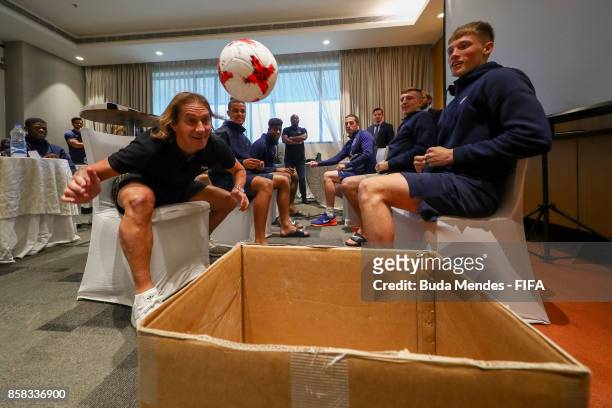 Legend Michel Salgado jokes with players of England during a FIFA Ethics Workshop ahead of the FIFA U-17 World Cup India 2017 tournament at Novotel...