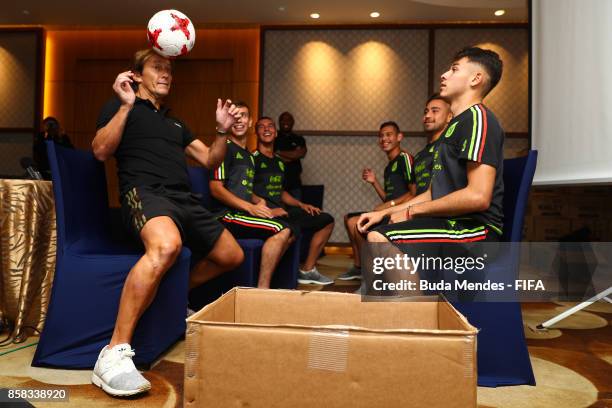 Legend Michel Salgado jokes with players of Mexico during a FIFA Ethics Workshop ahead of the FIFA U-17 World Cup India 2017 tournament at Novotel...