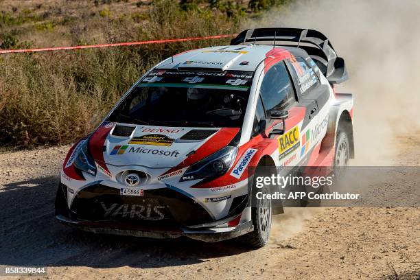 Finnish driver and co-driver Juho Hanninen and Kaj Lindstrom steer their Toyota Yaris WRC during the 53rd 'Rally de Catalunya' in Vilalba Dels Arcs...