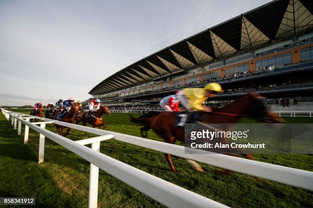 General view as runners pass the grandstand with a circuit to go at Ascot racecourse on October 6, 2017 in Ascot, United Kingdom.