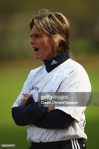 Head coach Wiltrud Melbaum of Niederrhein shouts at her team during the Women's U20 Federal State Cup at the Sport School Wedau on April 7, 2009 in...