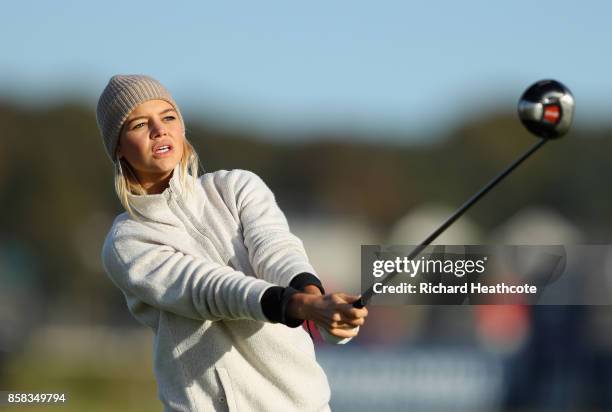 Kelly Rohrbach, Actress tee's off at the second during day two of the 2017 Alfred Dunhill Championship at Carnoustie on October 6, 2017 in...
