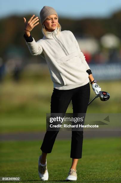 Kelly Rohrbach, Actress tee's off at the second during day two of the 2017 Alfred Dunhill Championship at Carnoustie on October 6, 2017 in...