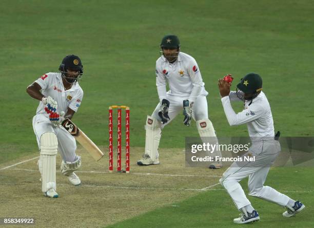 Dimuth Karunaratne of Sri Lanka bats during Day One of the Second Test between Pakistan and Sri Lanka at Dubai International Cricket Ground on...