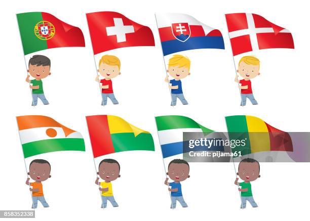 ilustraciones, imágenes clip art, dibujos animados e iconos de stock de los niños y banderas del mundo - swiss flag