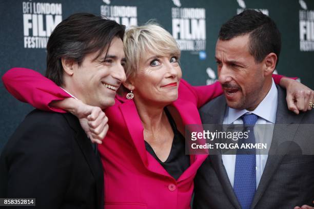 Filmmaker Noah Baumbach, British actress Emma Thompson and US actor Adam Sandler pose upon arrival for the UK premiere of the film "The Meyerowitz...