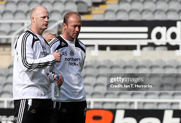 Manager Alan Shearer and Ian Dowie during the Newcastle United open day team training session at St James' Park on April 07, 2009 in...