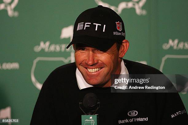 Padraig Harrington of Ireland speaks with the media prior to the 2009 Masters Tournament at Augusta National Golf Club on April 7, 2009 in Augusta,...